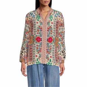 Karyn Seo Floral Embroidered Boho Blouse Tunic Rayon Medium EUC